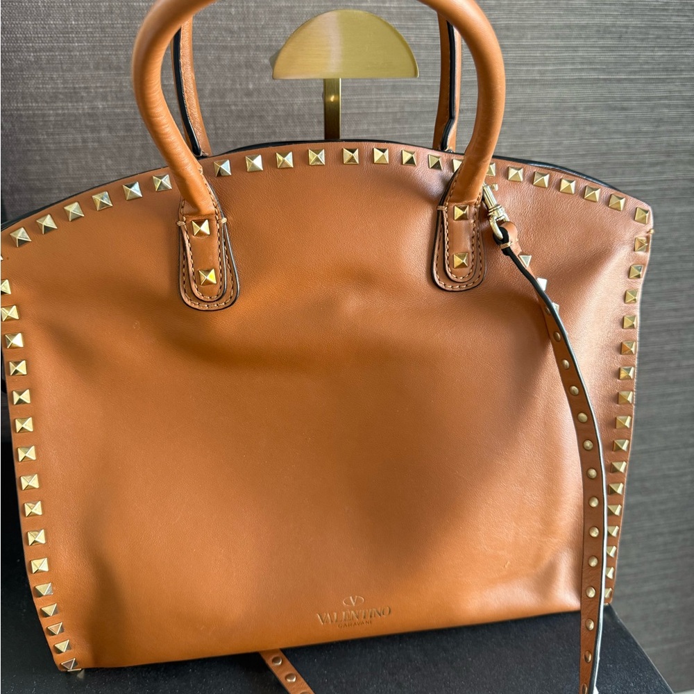 Valentino Tan Leather Tote with Gold Studs